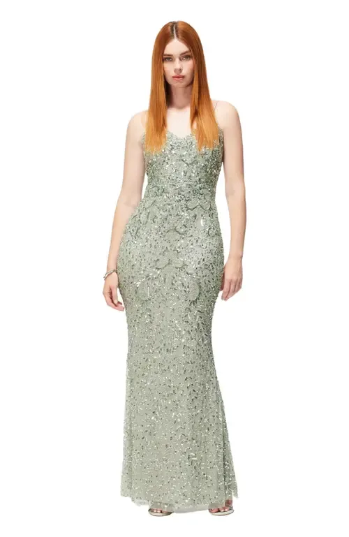 Occasion Embellished Sequin Beaded V Neck Evening Dress