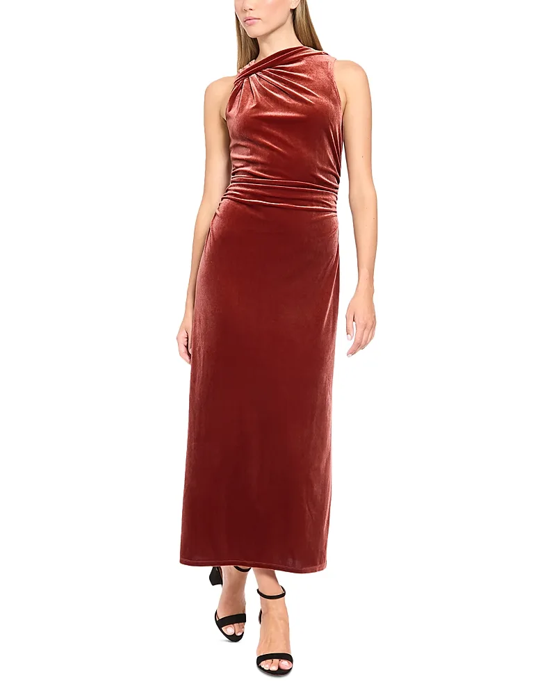 Velvet Knot Shoulder Midi Dress by Donna Morgan