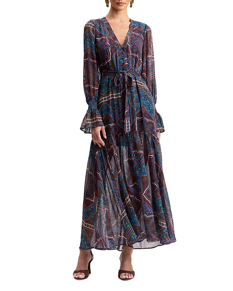 Plunge Neck Tie Waist Tiered Maxi Dress by Avec Les Filles
