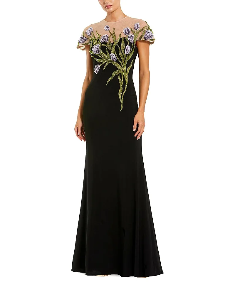 Mac Duggal Jersey Floral Embroidered Illusion Neck Gown by M.A.C.
