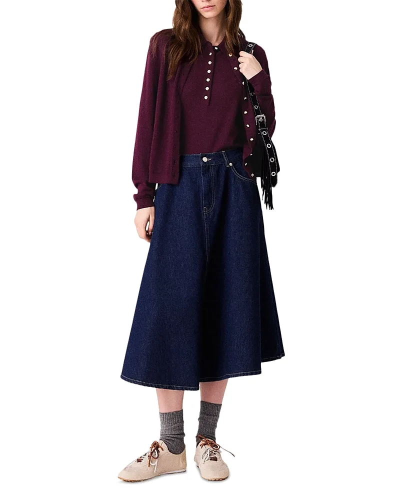 Jamy Denim Flared Midi Skirt by Maje