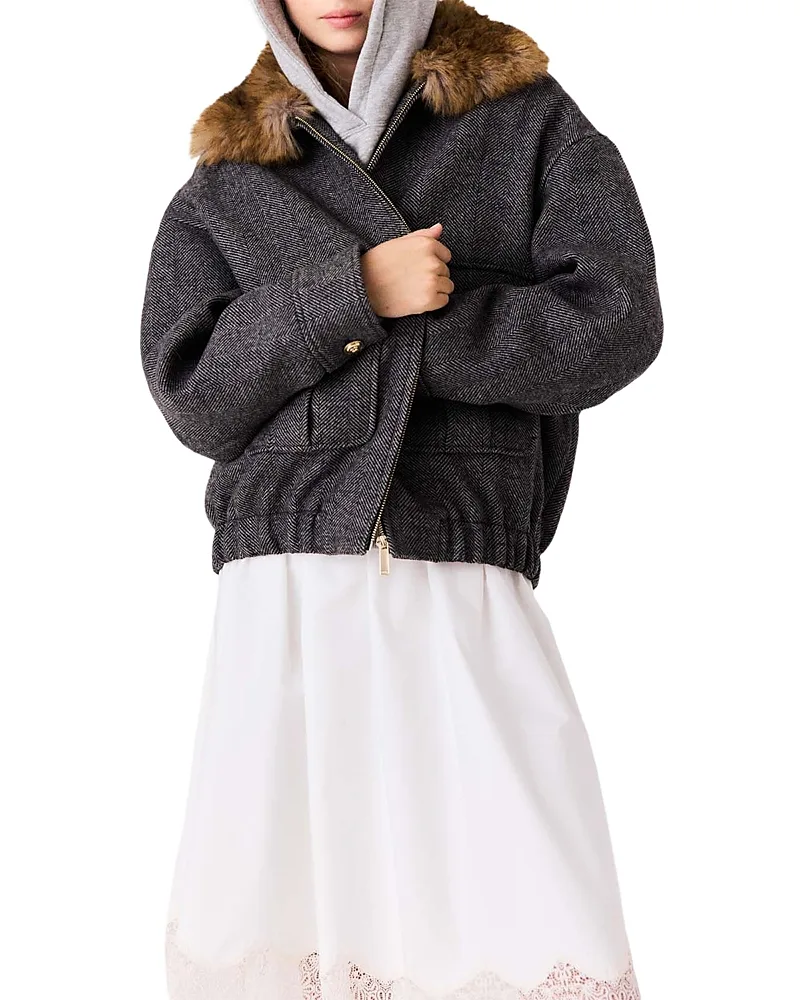 Wool Blend Herringbone Faux Fur Trim Jacket by Maje