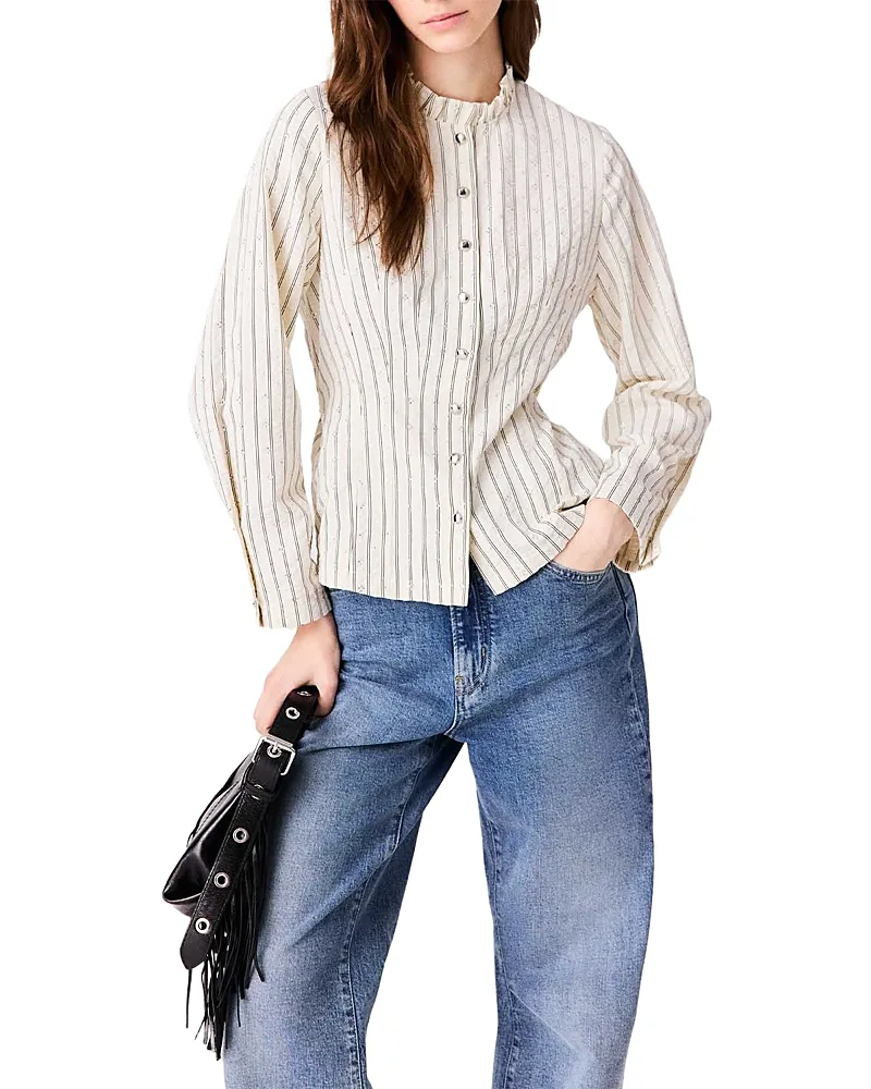 Rhinestone High Ruffle Neck Shirt by Maje