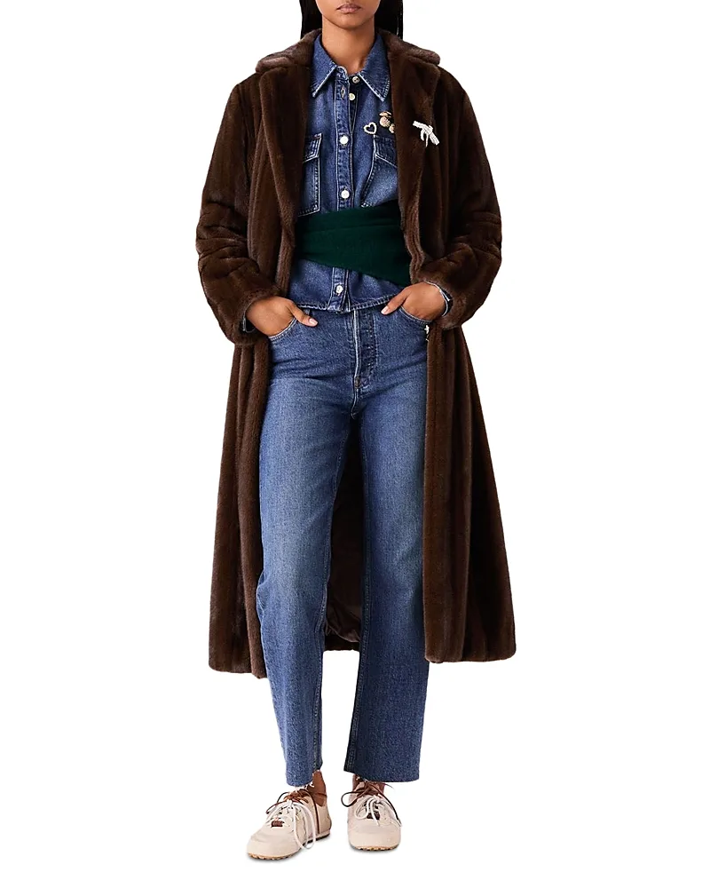 Faux Fur Belted Long Coat by Maje