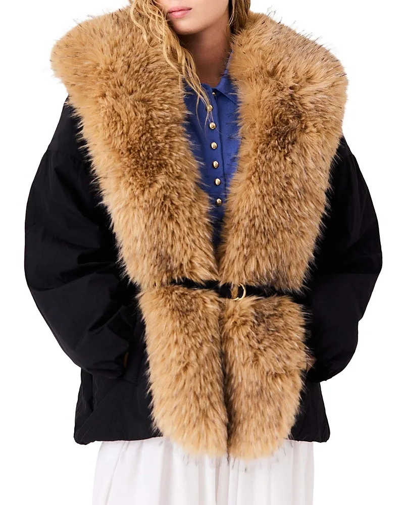 Faux Fur Collar Belted Parka by Maje