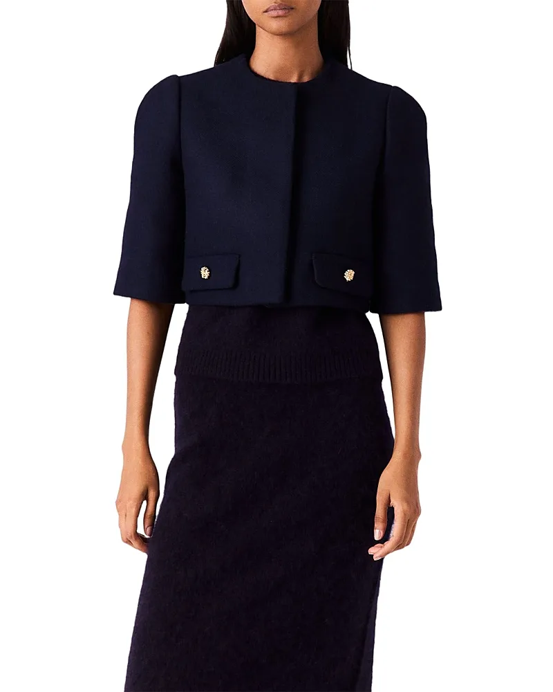 Collarless Short Sleeve Crop Jacket by Maje