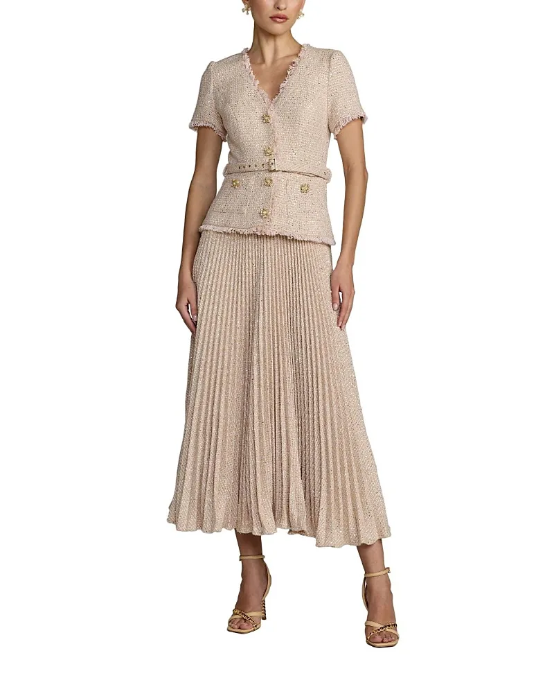 Mac Duggal Boucle Top with Pleated Chiffon Skirt Midi Dress by M.A.C.