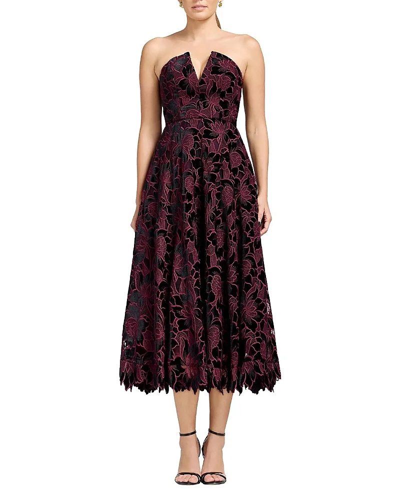 Dress the Population Briella Strapless Velvet Lace Fit-and-Flare Dress by Dress the Population