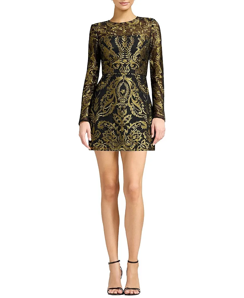 Dress the Population Stassi Long-Sleeve Baroque Embroidered Mini Dress by Dress the Population