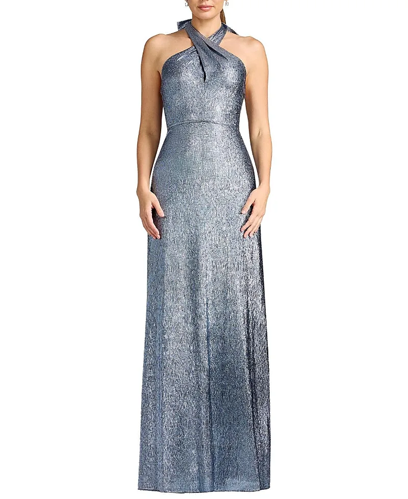 Dress the Population Brighton Cross-Front Halter Metallic Gown by Dress the Population