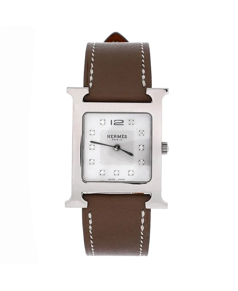 Pre-Owned Hermes Heure H Quartz Watch in Stainless Steel and Leather with Diamond Markers and Mother of Pearl 26mm by Hermes