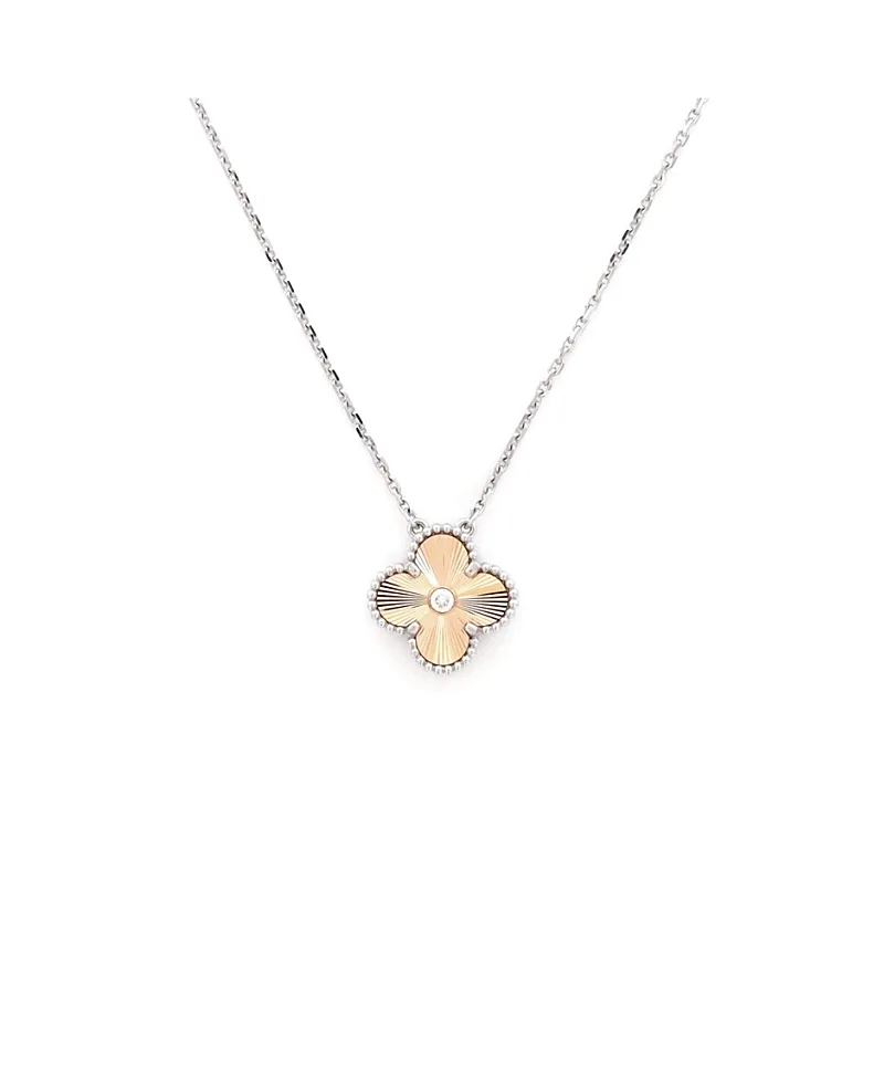 Pre-Owned Van Cleef & Arpels Vintage Alhambra Pendant Necklace 18K White Gold and Guilloche 18K Rose Gold with Diamond, 16.25" by Pre-owned Van Cleef & Arpels