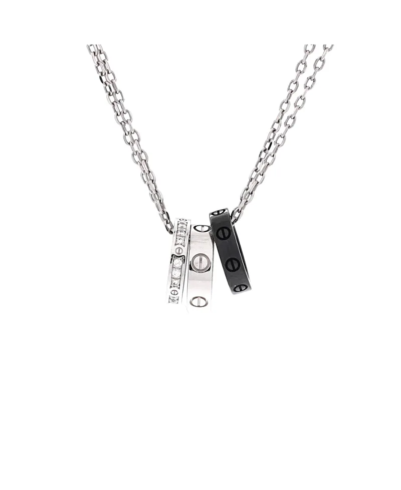 Pre-Owned Cartier Love 3 Ring Pendant Necklace 18K White Gold and Ceramic with Diamonds, 14.9" by Cartier's
