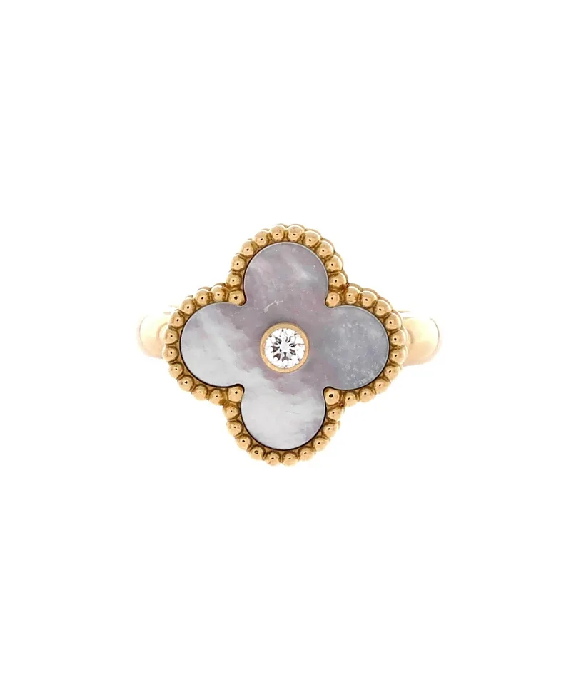 Pre-Owned Van Cleef & Arpels Vintage Alhambra Ring 18K Gold with Mother of Pearl and Diamond by Pre-owned Van Cleef & Arpels
