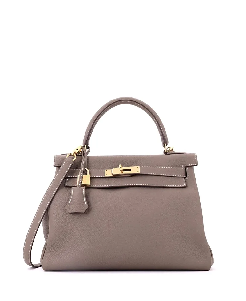 Pre-Owned Hermes Kelly 28 Handbag Grey Togo with Gold Hardware by Hermes