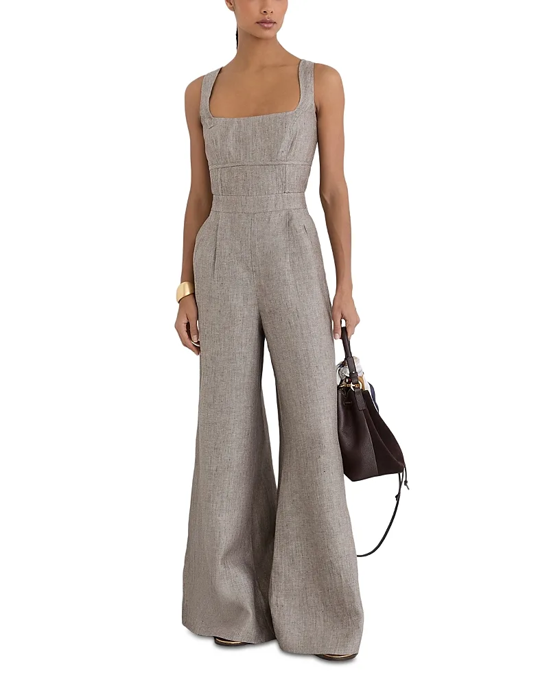 Flora Linen Square Neck Wide Leg Jumpsuit by Reiss