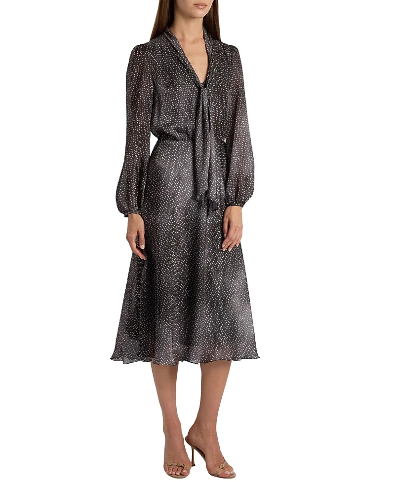 Jenn Midi Dress with Drop Tie Neck in Micro-Dot Print by Santorelli
