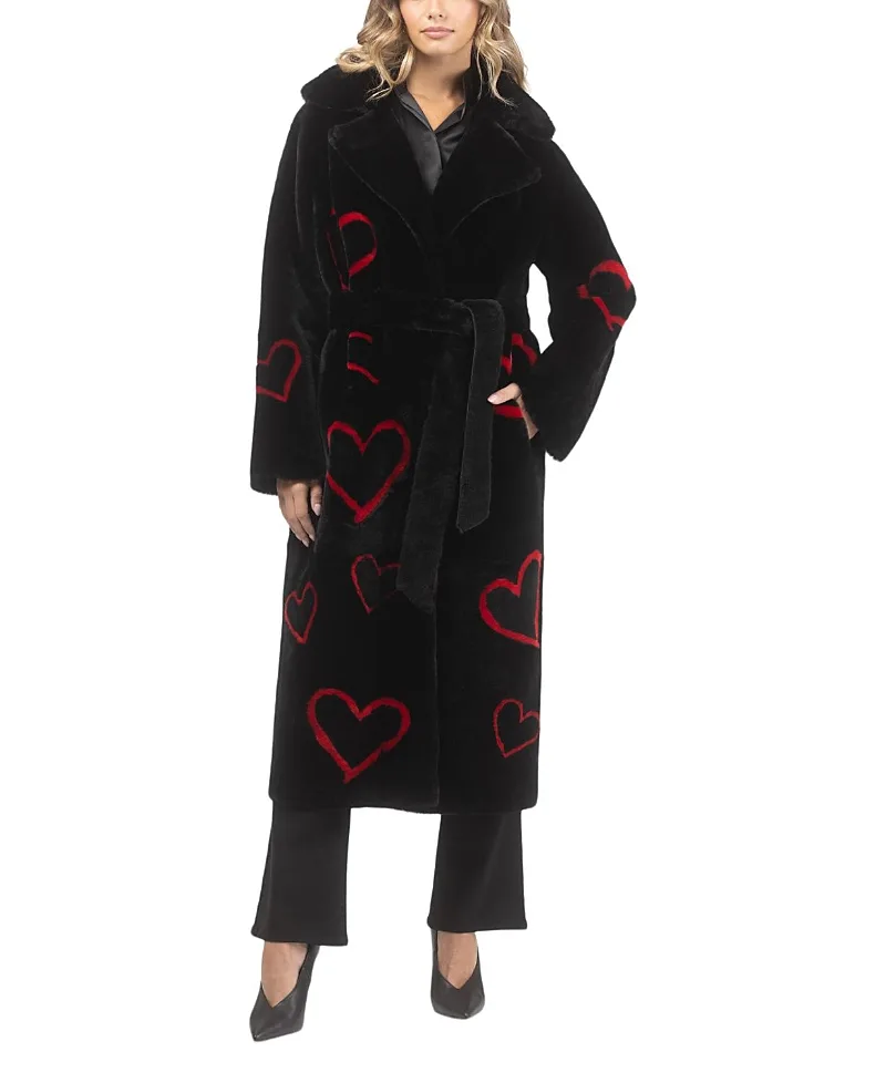 Reversible Shearling Lamb Coat with Heart Intarsia, Belt by Gorski