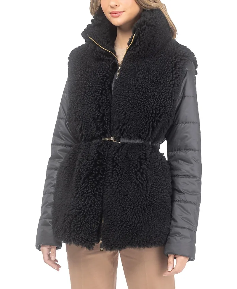 Curly Shearling Lamb Jacket with Quilted Sleeves and Back with Belt by Gorski