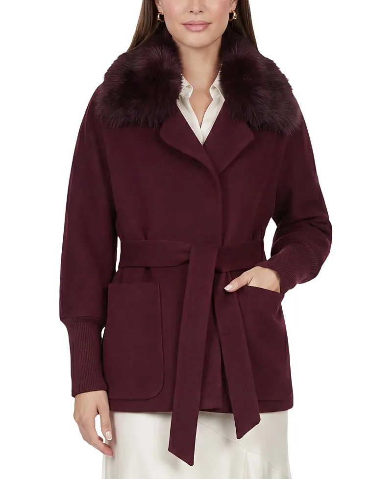 Fabric Jacket with Detachable Shearling Lamb Collar, Belt by Gorski