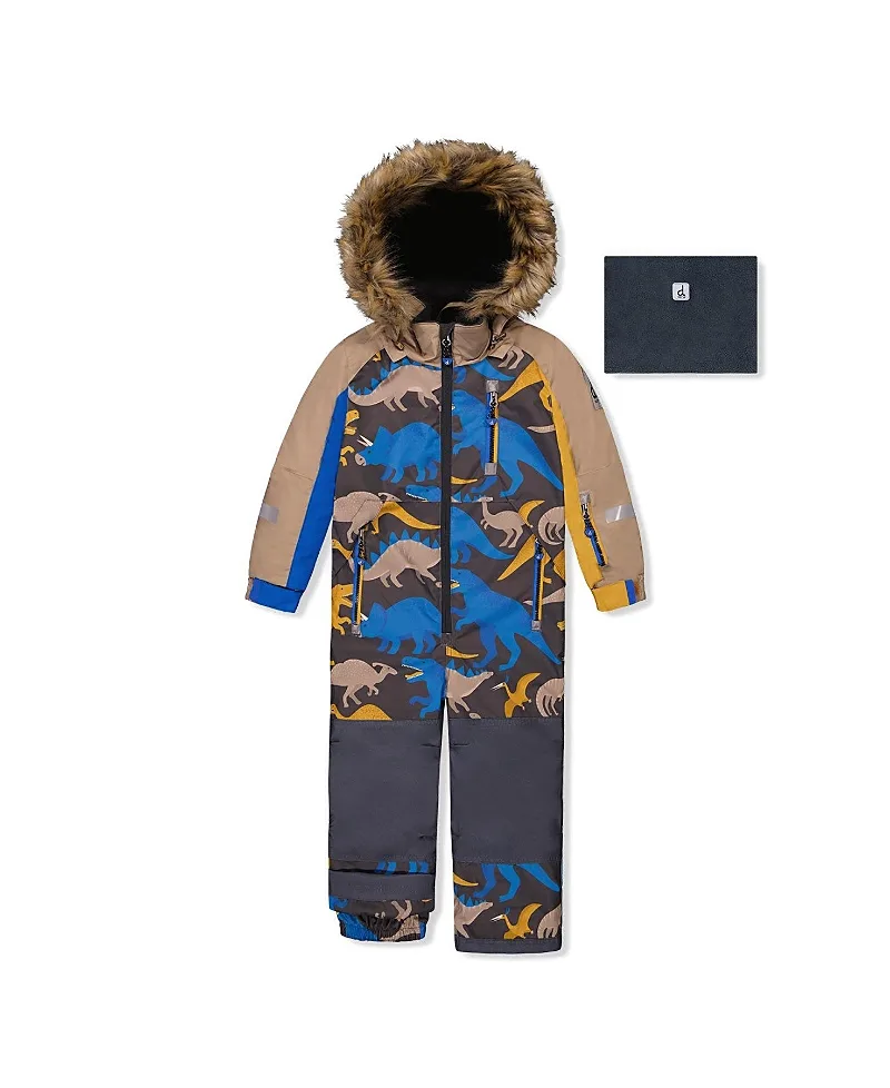 Play Dinosaur Faux Fur Hood Fleece Neckwarmer One Piece Snowsuit by Deux Par Deux