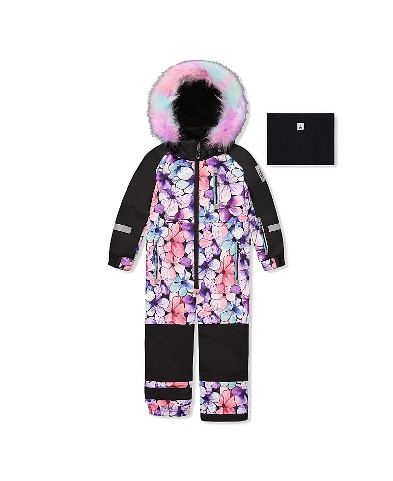 Play Floral Faux Fur Hood & Expandable Sleeve One Piece Snowsuit by Deux Par Deux
