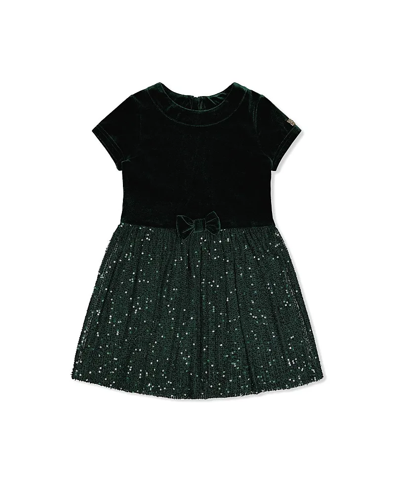 Bi-Material Bow Belt Glitter Mesh Short Sleeve Dress by Deux Par Deux