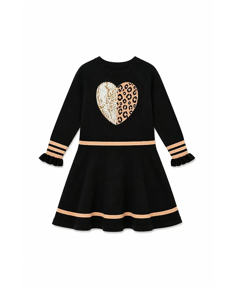 Heart Graphic Ruffle Cuff Pleated Knit Dress by Deux Par Deux