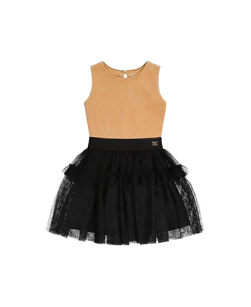 Bi-Material Sleeveless Tiered Mesh Ruffle Dress by Deux Par Deux