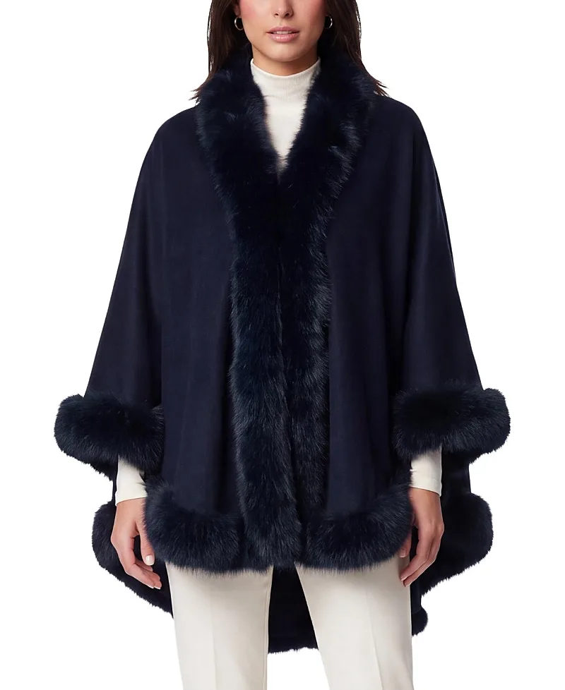 Cashmere & Wool Blend Cape with Faux Fur Fox Trim