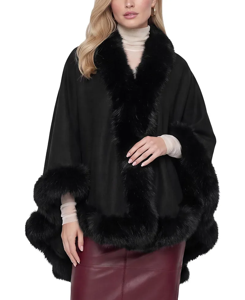Cashmere & Wool Blend Cape with Faux Fur Fox Trim