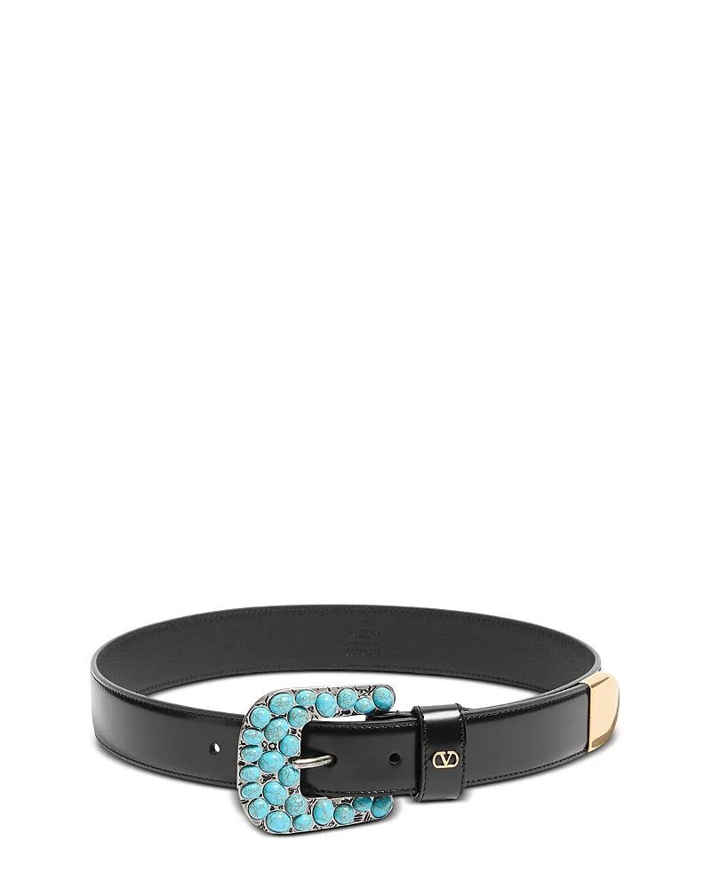 Stone Embellished Buckle Leather Belt by Valentino Garavani