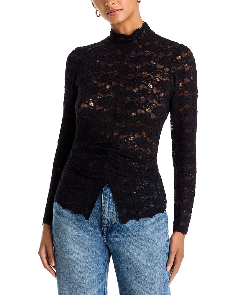 Long Sleeve Lace Flocked Mock Neck Top by AQUA