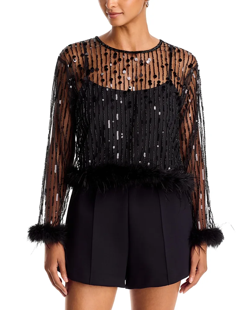 Sequin & Feather Trim Long Sleeve Top by AQUA
