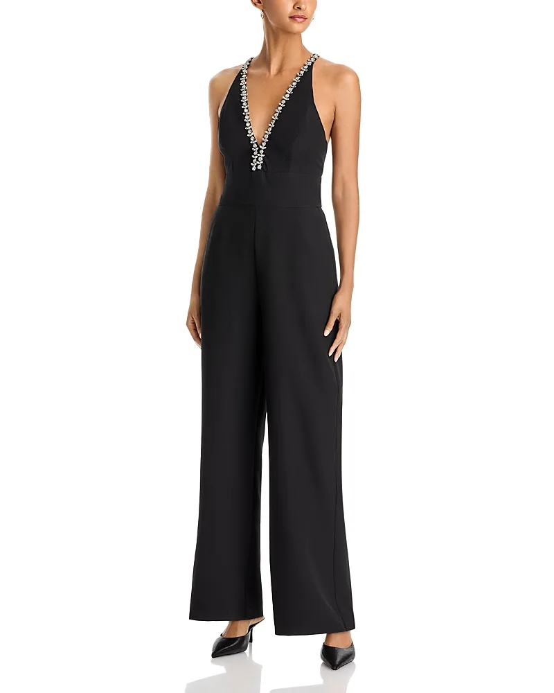 Jewel Trim Plunge V Neck Jumpsuit by AQUA