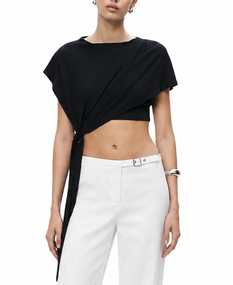 Asymmetric Tie-Front Crop Top by Nocturne