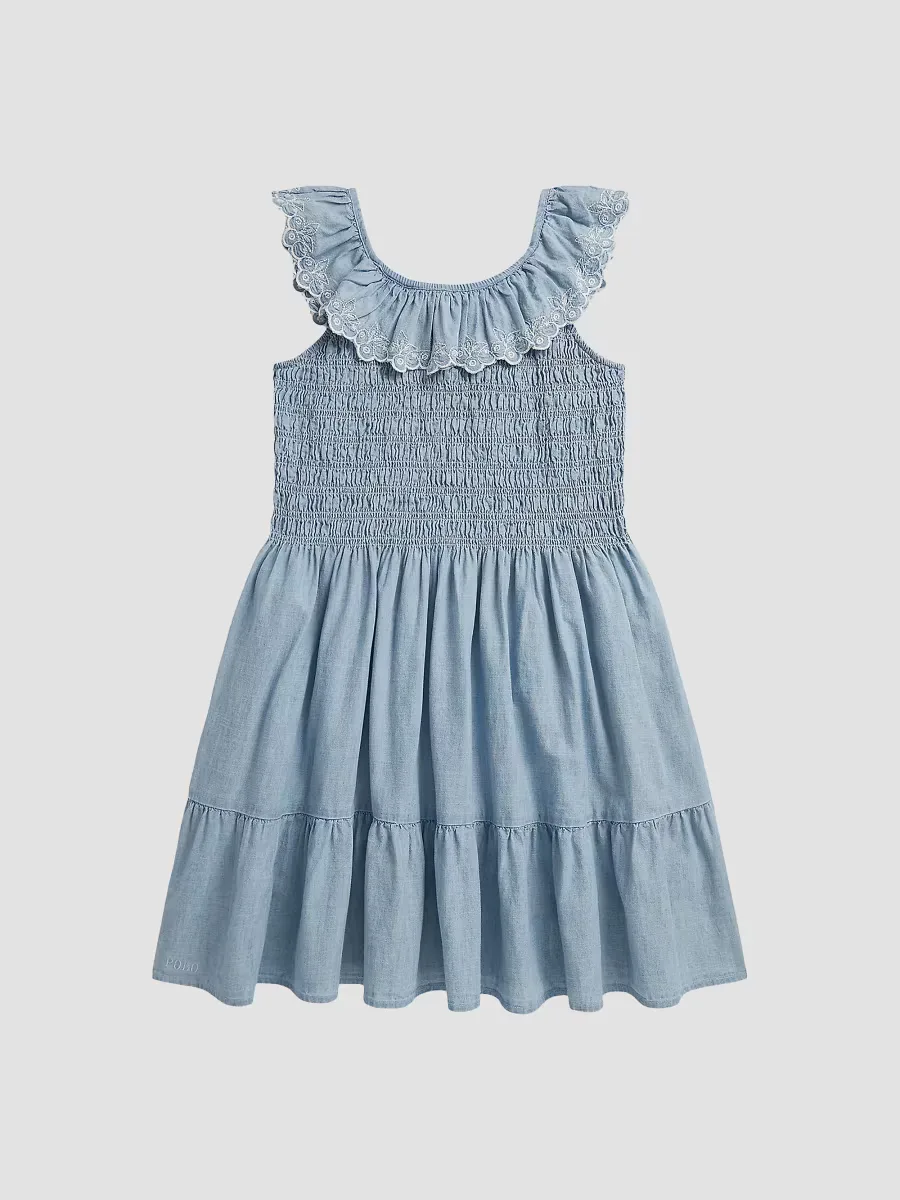 Blueberry-Overlay Chambray Smocked Dress by Polo Ralph Lauren