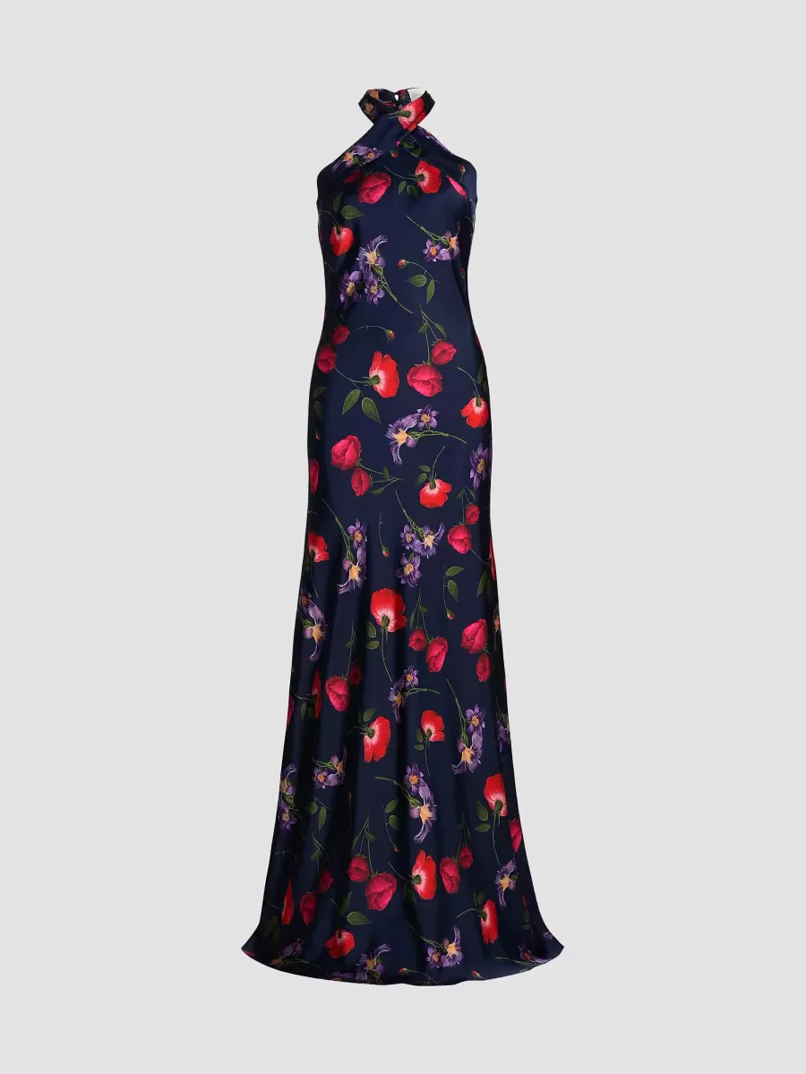 Laurant Floral Satin-Crepe Halterneck Gown