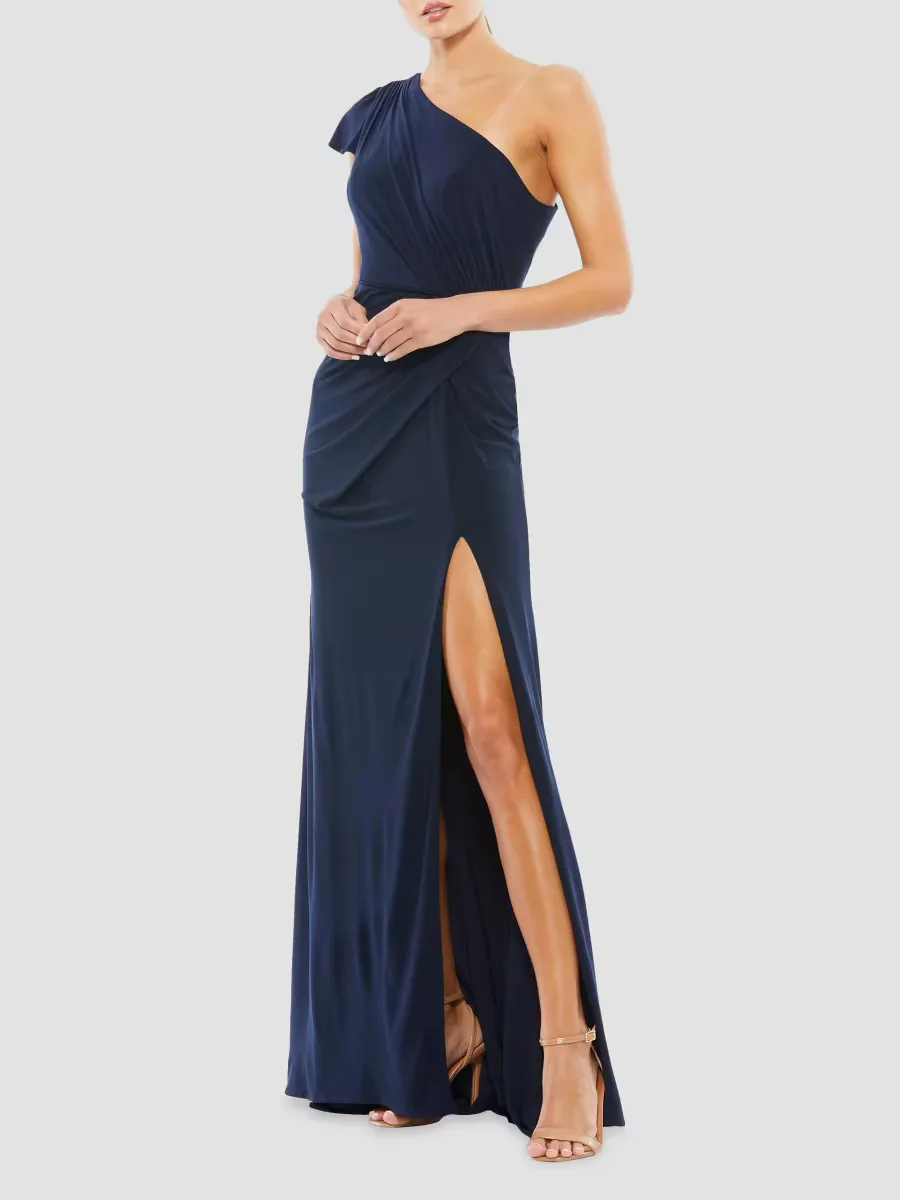 Mac Duggal One-Shoulder Draped Jersey Sheath Gown