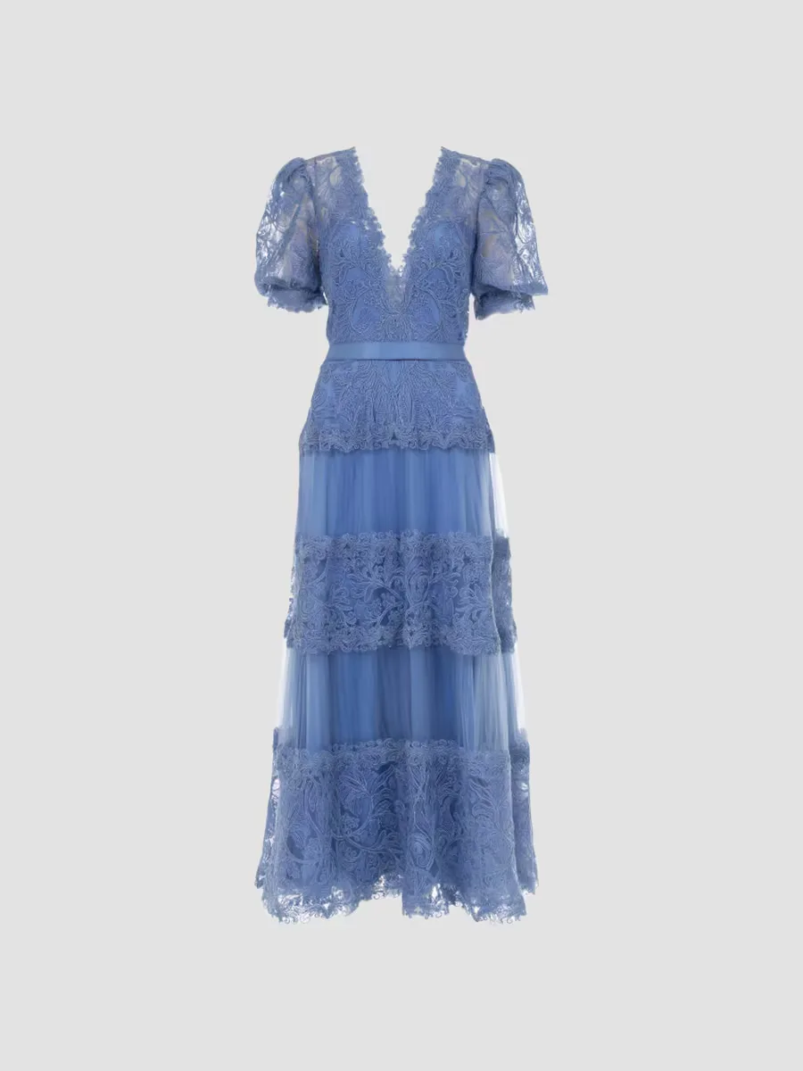 Corded Lace V-Neck Midi-Dress by Tadashi