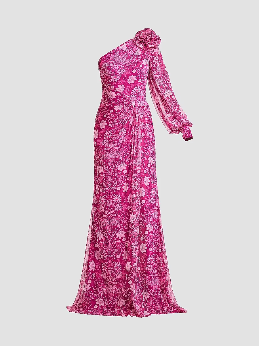 Bosson One-Shoulder Floral Chiffon Gown
