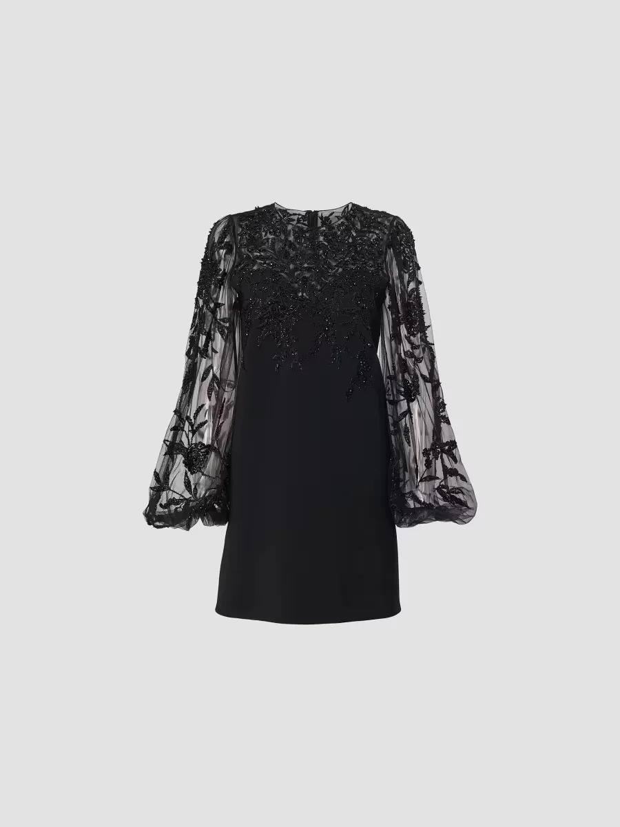 Embellished Lace Puff-Sleeve Cocktail Dress