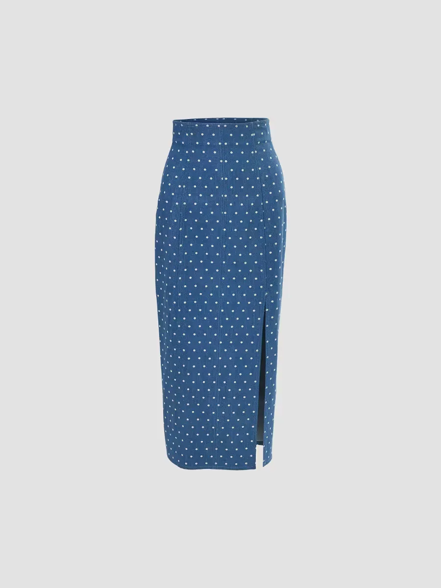Polka Dot Denim Midi-Skirt by Carolina Herrera