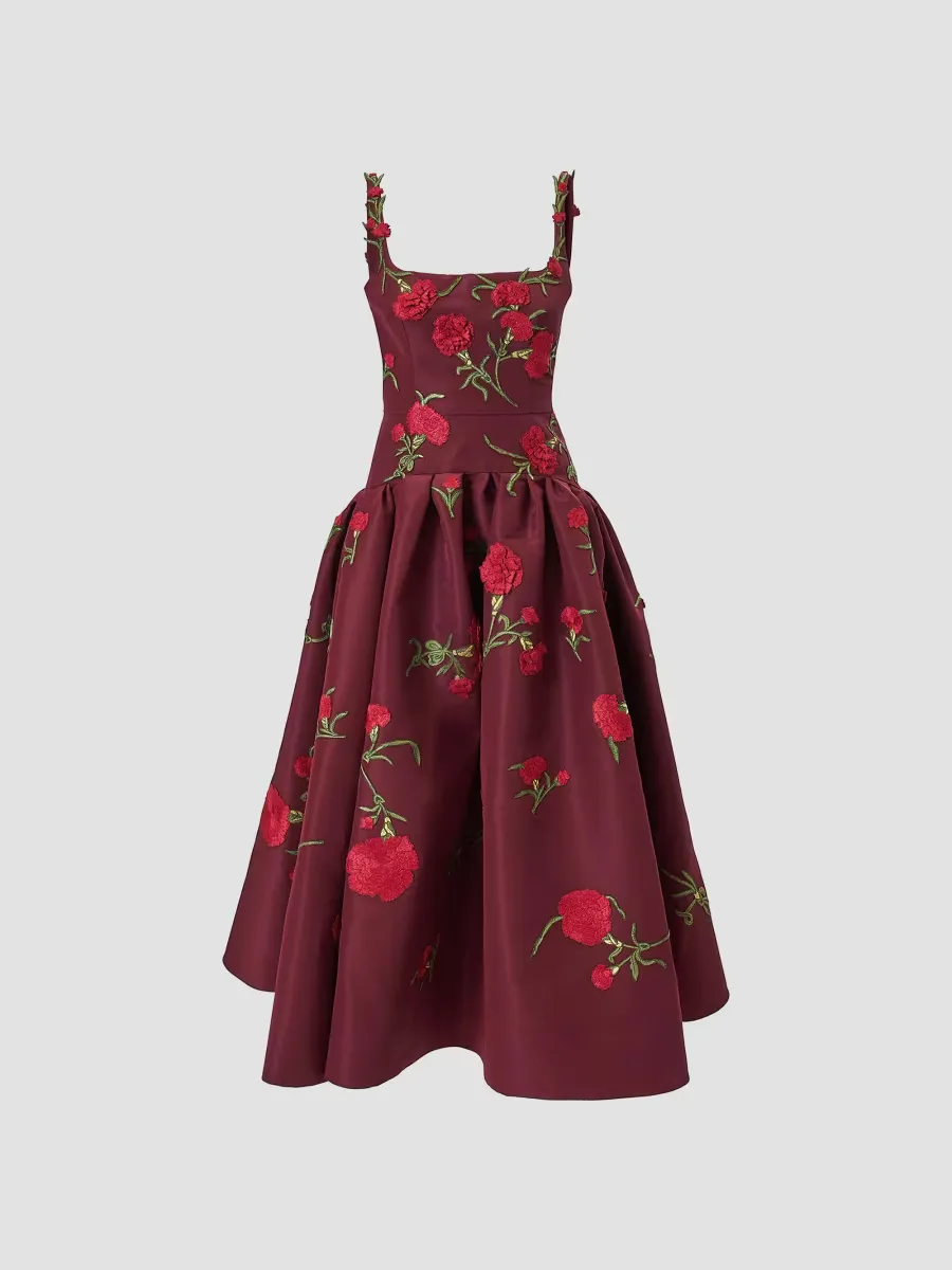 Carnation-Embroidered Cocktail Dress