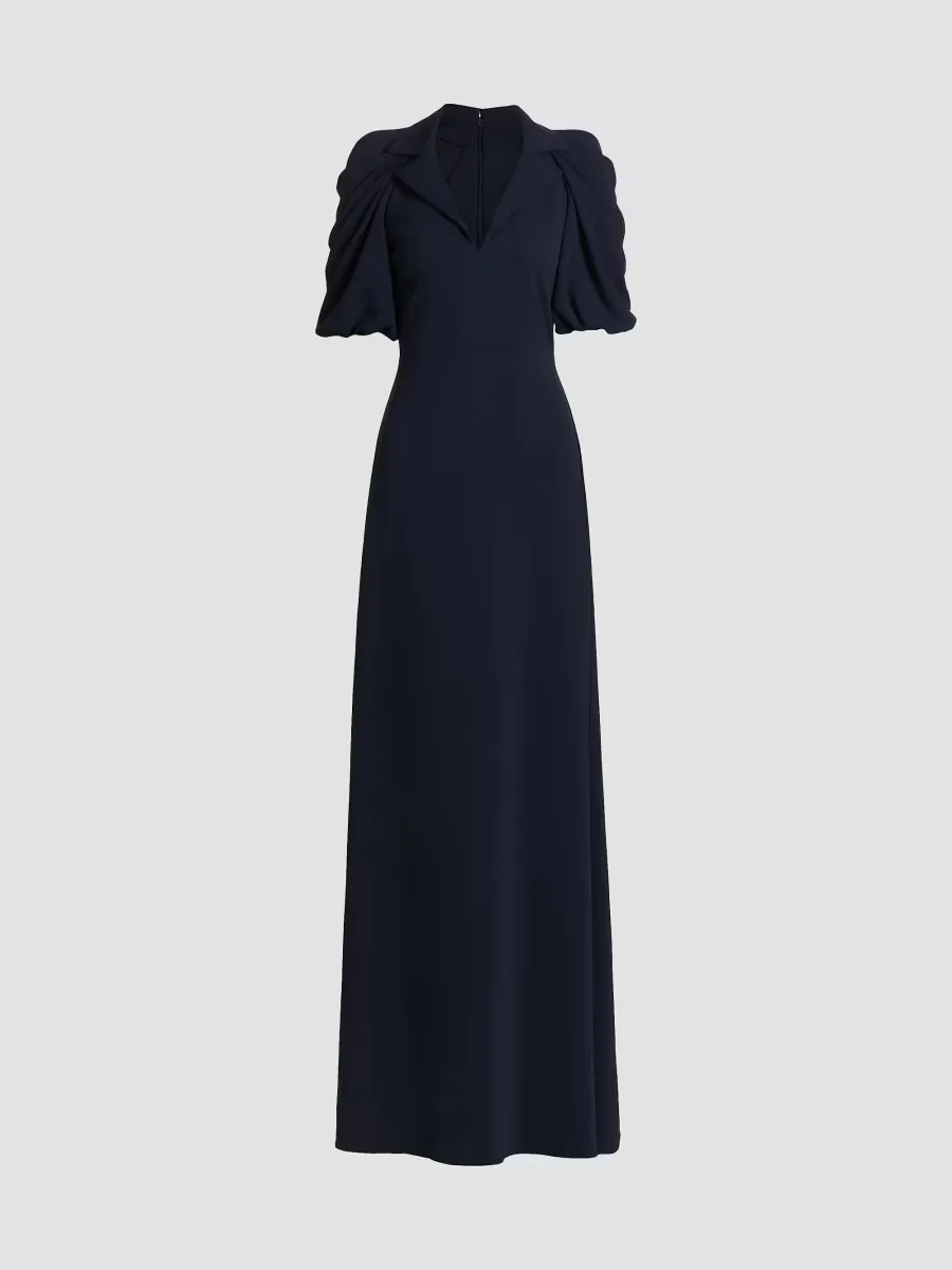 Crepe Puff-Sleeve Evening Gown