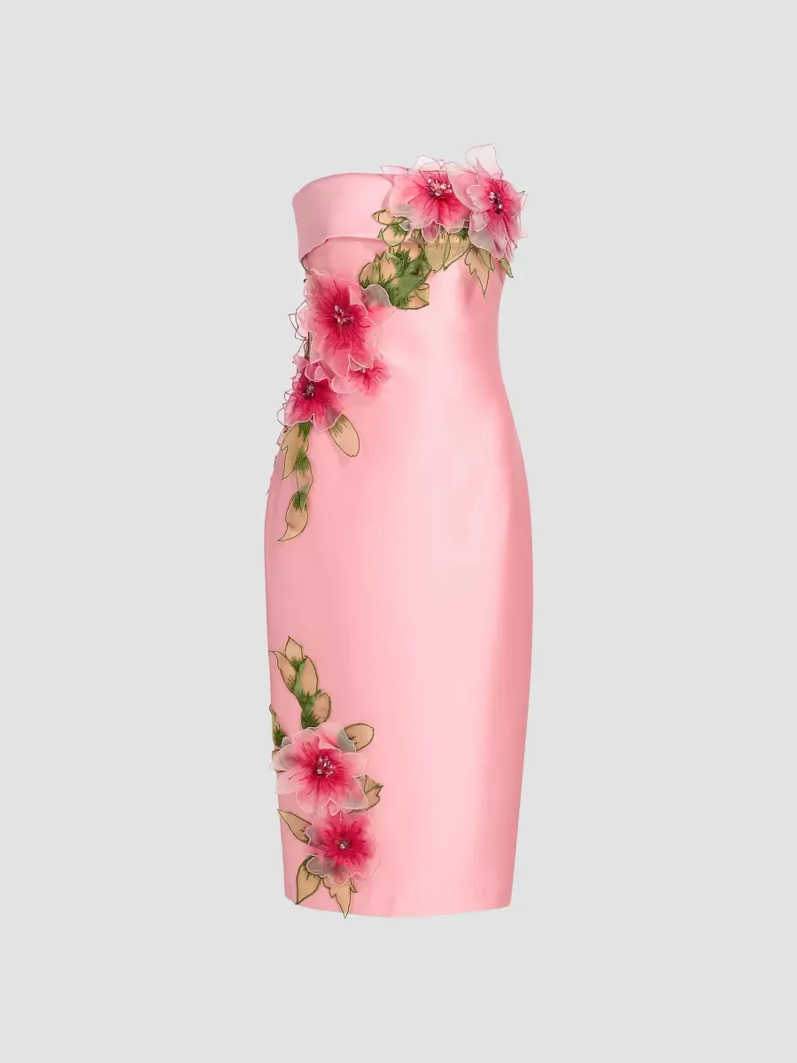 Floral Applique Strapless Cocktail Dress by Badgley Mischka