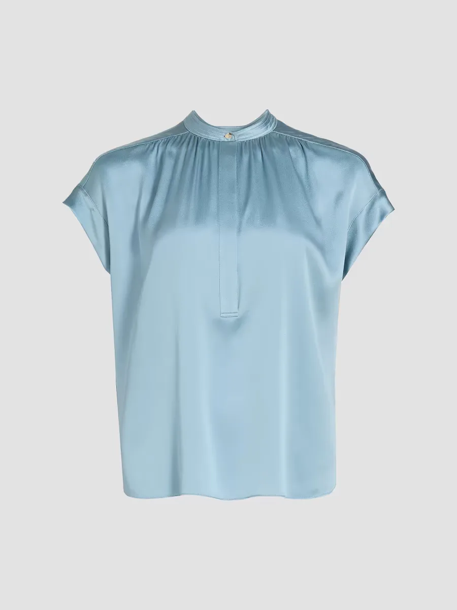 Silk Gathered Neck Cap-Sleeve Blouse by Vince