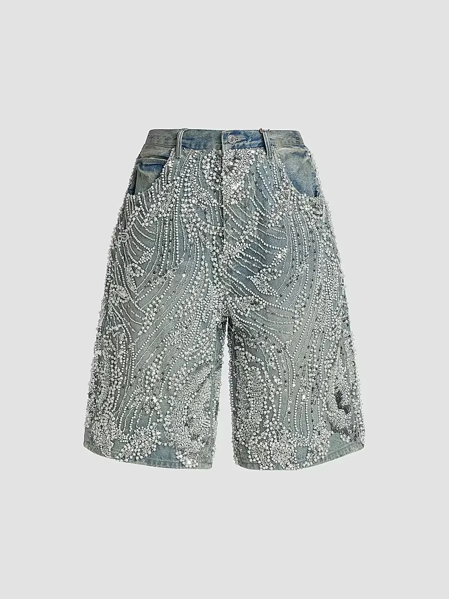 Embellished Wide-Leg Denim Shorts by Purple Brand