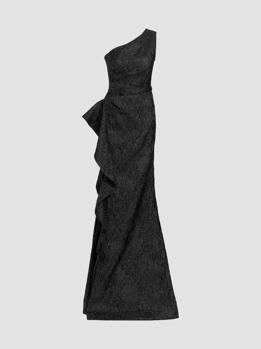 Metallic Jacquard One-Shoulder Gown
