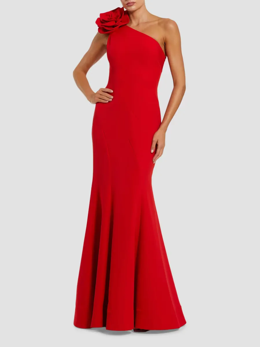 Mac Duggal Flower-Detailed Crepe One-Shoulder Mermaid Gown